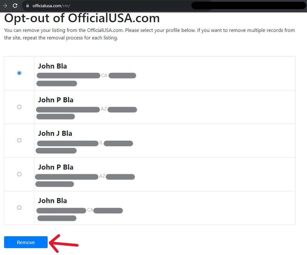Opt-Out with the OfficialUSA Online Removal Tool